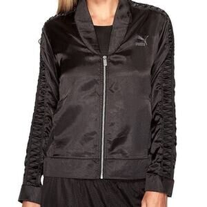 PUMA NWT Black Satin Lux T7 Full Zip Elastic Lightweight Jacket Pockets Size S